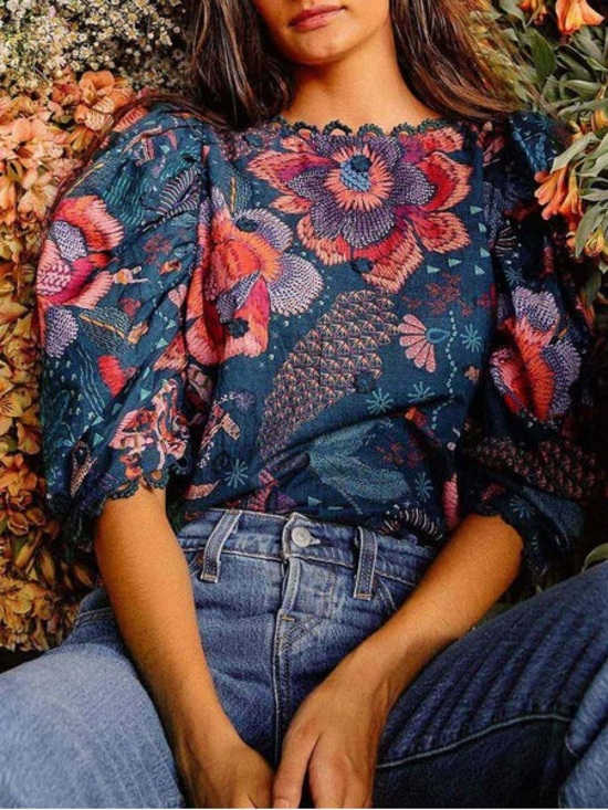 FARM Rio Tops - Farm Rio NWT Teal River Creatures Puff Sleeve Blouse Floral Embroidered Size S